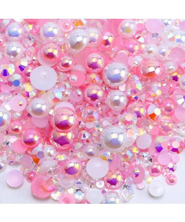 Briskbloom 60g Flatback Pearls and Rhinestones for Crafts, 3620PCS 2mm-10mm Mix Pearl Rhinestones for Nails Face Art Tumblers, Flatback Rhinestones and Half Pearls, with Tweezers Wax Pen, White|Pinks Pink Marshmallow Blend | Mix White | Pinks