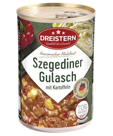 Three star szegedin goulash with potatoes i delicious ready meal with sauerkraut in the practical recyclable cans I three stars - quality that tastes good