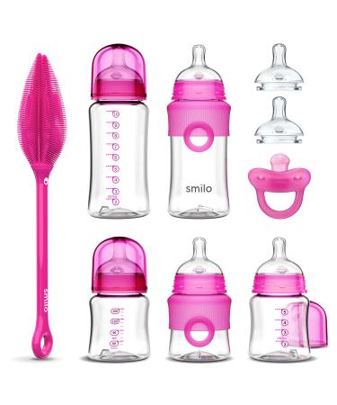 Smilo Baby Bottle Feeding Gift Set - Bottle Set with 100% Silicone Newborn Pacifier  Replacement Nipples and Baby Bottles Cleaning Brush - Perfect Essentials and Gift for Girls & Boys - Pink