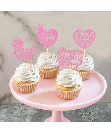Cyodoos 24 Pcs Happy Mothers Day Cupcake Toppers Glitter Cake Toppers Cupcake Heart Mother Happy Birthday Party Supplies Decorations Pink - Buy Online on SooperMarket.com