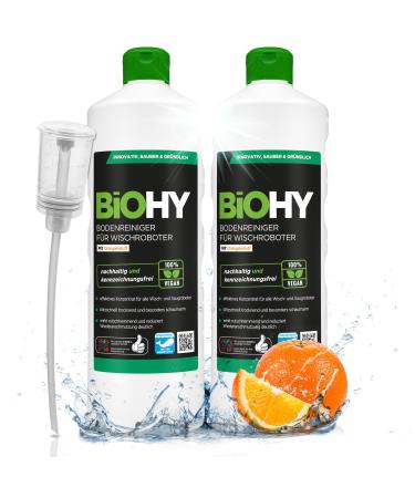 Biohy floor cleaner for all wiping robots with orange scent (2 x 1 liter) + dosierer |Foam arm & strip -free |Sustainable 1: 200 concentrate for all floors sunny orange 1 l (2 Pack)