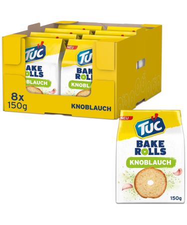 TUC Bake Rolls Garlic 8 x 150g I Crispy Bread Chips I Snack Chips Bulk Pack Garlic 150 g (Pack of 8)