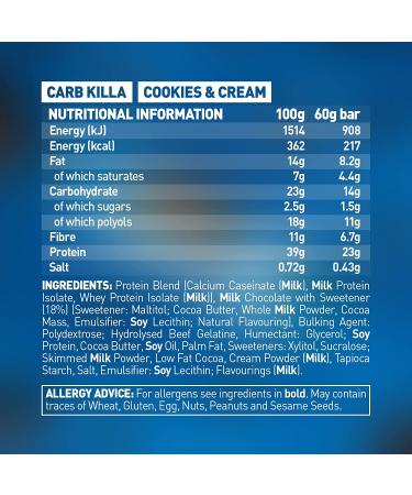 Carb Killa Cookies & Cream Bar 12x60g - High Protein Snack - Buy Online on SooperMarket.com