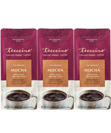 Teeccino Chicory Coffee Alternative - Mocha - Ground Herbal Coffee Thats Prebiotic, Caffeine Free & Acid Free, Medium Roast, 11 Ounce (Pack of 3)