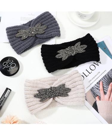 Winter Knitted Headband Ear Warmers for Women 3 Pieces Chunky Sequin Flower Knit Headband Warm Crocheted Hairband Head Wrap Earmuff - Buy Online on SooperMarket.com