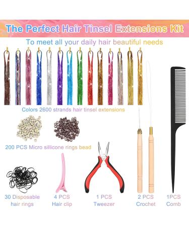 Xinzistar 14 Colors 2800 Strands Hair Tinsel Extension Kit Holographic Sparkle Hair Glitter Strands Rainbow Coloured Hair Extensions Fairy Dazzle Hair Extension for Festival Women Girls Kids Party - Buy Online on SooperMarket.com