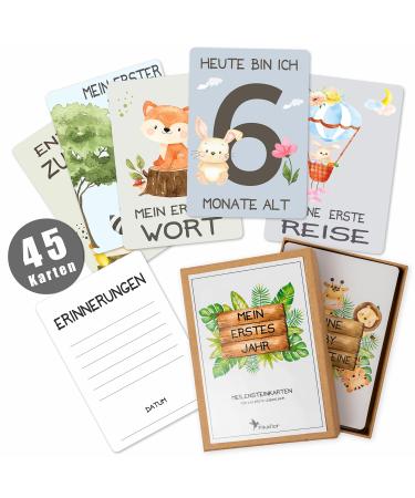 Pikaflor 45 milestone cards baby for young and girls (hand -painted animals German) milestone cards set with gift box + nice gift idea for birth baptism & baby party My first year