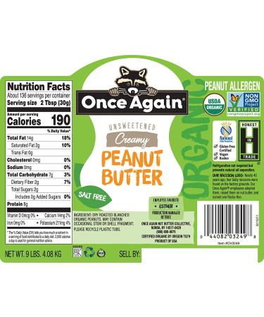 Once Again Organic Creamy Peanut Butter 9lbs - Salt Free, Unsweetened, Gluten Free, Vegan, USDA Certified - Buy Online on SooperMarket.com