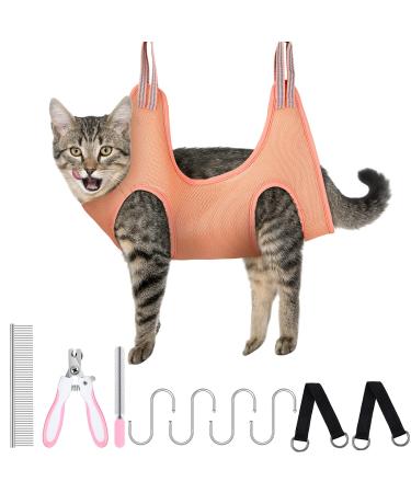 Pet Grooming Hammock for Cats & Dogs Hanging Harness Pet Supplies Kit with Nail Clippers Trimmer, PET Comb, Nail File Adjusting Band Grooming Table for Cats Dogs Bathing Washing Small Pink