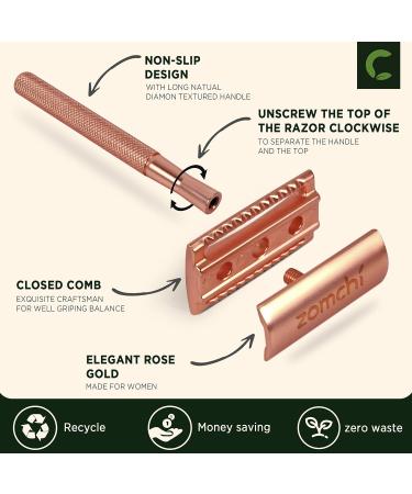 Eco-Friendly Rose Gold Razor Plane & Stand | Women's Zero Waste Safety Razor | Metal Plastic-Free Shaving for Intimate Areas - Buy Online on SooperMarket.com