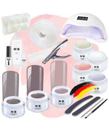 ND24 NAILDESIGN-Gelnail starter set Premium with LED adhesive gel assembly gel French gel sealing gel sealing gel LED lamp & nude gels-complete set for beginners-LED gel Made in Germany Starter Set Premium + Nude GELE