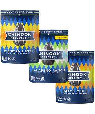 Chinook Seedery Roasted Sunflower Seeds - Jumbo Seeds Keto Snacks - Best For Snack Packs - Gluten Free, Non GMO Snack Food Gifts - 4 Ounce (Pack of 3) - Bring the Heat Variety Pack