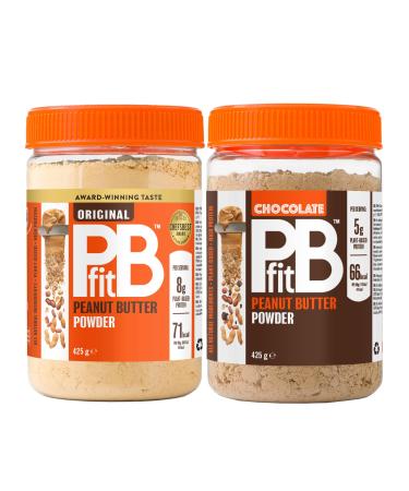 PBfit Peanut Butter Powder - Original & Chocolate - 87% Less Fat Gluten Free All Natural Nut Butter Spread - Powdered Peanut Butter from Real Roasted Peanuts - 425g (Pack of 2)