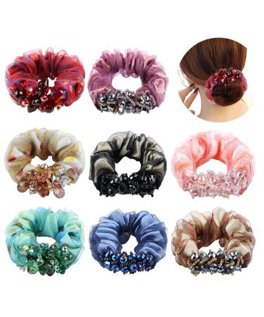 8 Pack Rhinestone Glitter Sparkly Lace Hair Bows Elastics Bands Thick Hair Ties Stretchy Rubber Hairbands Floral Headbands Scrunchies Ponytail Holder Accessories for Women Girl