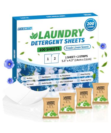 FIXSMITH Laundry Detergent Sheets - 200 Loads (100 Sheets) Fresh Linen Scent - Hypoallergenic Eco Friendly Laundry Detergent Strips Ultra-Concentrated Travel Detergent Sheets.Plastic-Free Liquidless Fresh Linen Scent 1 Count (Pack of 100)
