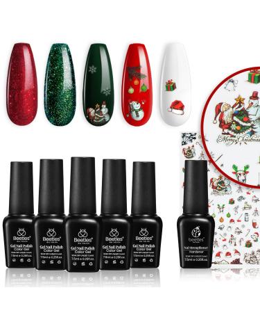Beetles Christmas Gel Nail Polish Set  Sparkle Red Green Gel Polish Kit Soak Off LED Gel Nail Kit Manicure Gift with Nail Strengthener Gel and Stickers Christmas Decoration Nail Art New Year's Gift