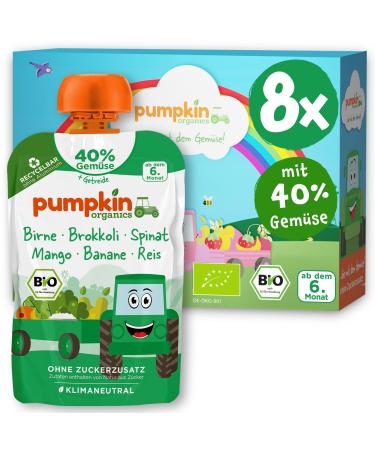 Pumpkin Organics Bio Vegetable Cereal Quets 8 Pack Pear Broccoli Spinat Mango Banana Rice Without Sugar Addiction - Baby food for babies from the 6th month - Gluten -free & vegetarian (8x100g)