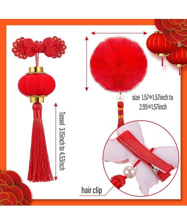 6 Pairs Baby Girls Chinese Style Hair Clips with Hairy Furry Balls and Tassels - Red Lantern Butterfly Decor - Perfect for New Year and Spring Festival - Buy Online on SooperMarket.com