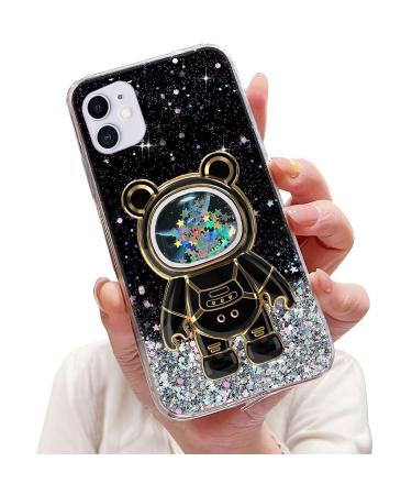 Tivenfezk Nadoli for iPhone 12 Treibsand B r astronaut Hidden Stand Shell caricature glitter astronaut stand soft silicone bling mobile phone case transparent protective cover iphone 12 black