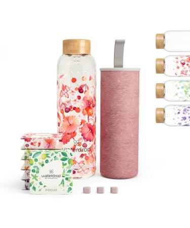 Waterdrop Starter Set Glass |Glass Bottle + 18 microtrinks for dissolving in 6 fruity varieties - Tasting package |600 ml of glass bottle Object -proof carbon dioxide suitable + beverage powder sugar -free 600 ml of relaxing