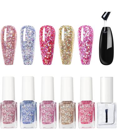 Glitter Nail Polish Set - Reflective Glitter Nail Varnish Sets - 5 Colours Sparkly Shiny Nail Polish Kit - Quick Dry Nail Varnish Gift Sets - No Need Baking Nail Polish for DIY Nail Art Sparkly pink+blue+red+gold+purple