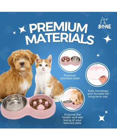 Fur & Bone Double Slow Feeder Dog Bowl | Raised Non-Slip Cat Food & Water Bowl | Stainless Steel, Pink - Buy Online on SooperMarket.com