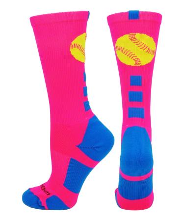 MadSportsStuff Softball Logo Athletic Crew Socks (multiple colors) Neon Pink/Electric Blue Small