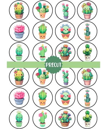 PRECUT Kawaii Cactus Edible Cupcake Toppers - Cute Kawaii Cactus Theme Premium Thickness SWEETENED VANILLA - wafer card disc cake decorations (Pack of 24) - Buy Online on SooperMarket.com