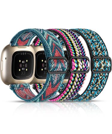 Maledan Compatible with Fitbit Sense and Versa 3 Bands Women Men - Adjustable Stretchy Nylon Solo Loop Braided Sport Elastics Strap for Fitbit Sense & Versa 3 Smartwatch Arrow/ Colorful/ Boho Flower