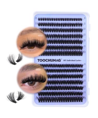 Fluffy Cluster Lashes 60D+80D Thick Individual Eyelashes D Curl Wispy Lash Clusters 10-18mm Russian Eyelash Extension 280pcs Fake Eyelash Clusters DIY Flat Lash Extensions by TOOCHUNAG F-60D+80D