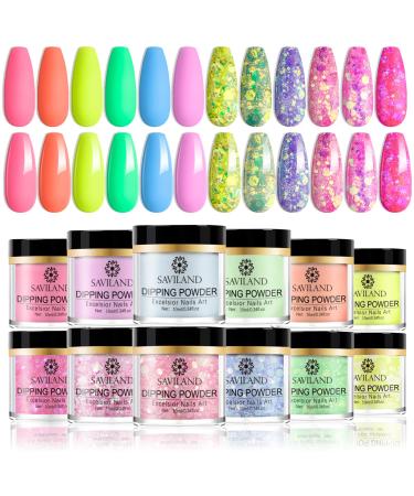 Saviland 12 Colors Dip Powder Set - Glitter Neon Spring Summer Colors Set Dipping Nail Powder for Starter, Nail Salon No Nail Lamp Needed for French Nail Fast Manicure Nail Repair Nail Art