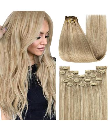 Youngsee real hair extensions clip blond thick hair clip in extensions gold blonde with medium blonde clip in extensions real hair blond 35 cm extensions real hair clip blond 120g #16/25 cm (7PCs) 1-clip-1- #16/22