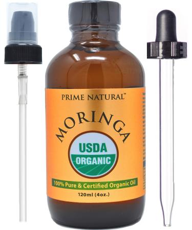 PRIME NATURAL Organic Moringa Oil USDA Certified, 100% Pure, Cold Pressed, Virgin, Unrefined Oil (4oz /120ml) - Joints, Skin, Face, Body & Hair - Vegan - Food Grade - Natural Moisturizer