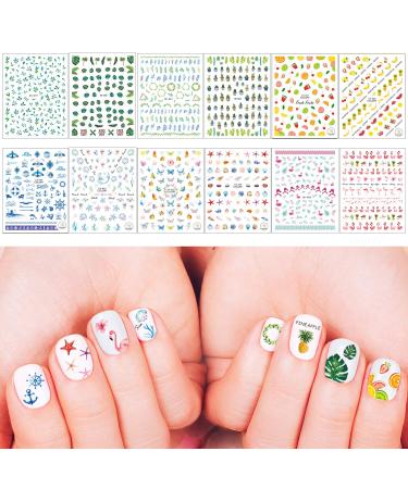 Whaline 1000+ Mixed Nail Art Stickers 3D Self-Adhesive Leaves Stickers Flamingo Cactus Fruits Ocean Leaves Decals for Women Girls Manicure DIY or Nail Salon  12 Sheets
