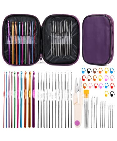 IMZAY 54 Pcs Crochet Needles Set Crochet Hooks Kit with Purple Storage Case Ergonomic Knitting Needles Blunt Needles Stitch Marker DIY Hand Knitting Craft Art Tools for Beginners