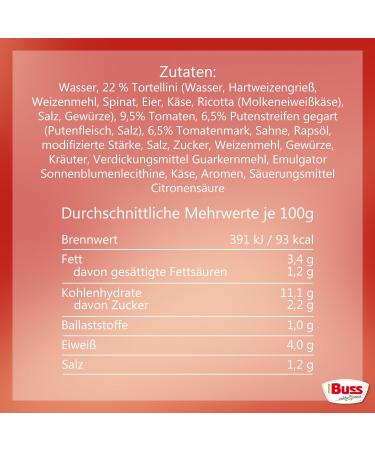 Buss Freizeitmacher Tortellini in Tomato Sauce with Turkey Strips - 12 x 300g - Delicious International Shipping Available - Buy Online on SooperMarket.com