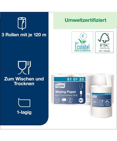 Tork 610133 Multi-Purpose Paper Wiper for M1 Mini Donor System | 1-Layer Stable White Paper | 3 x 120m Advanced Single Rolls - International Shipping Available - Buy Online on SooperMarket.com