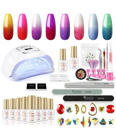 Color Changing Gel Nail Polish Kit with u v Light 110W Starter kit Mood Temperature Color Changing Gail Polish Set Base Top Coat Nail Art Decorations Tools Professional French Manicure Kits 8pcs