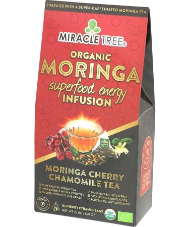 Miracle Tree Moringa Energy Tea - Cherry Chamomile | Organic, Caffeinated Coffee Alternative | 16 Pyramid Sachets - Buy Online on SooperMarket.com