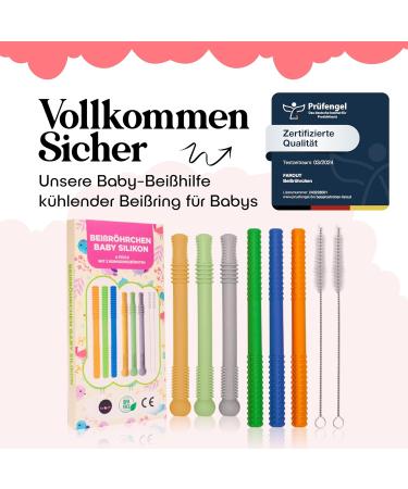 Bite Tube Set - 6 BPA-Free Silicone Dental Aids with 2 Cleaning Brushes for Baby Teething - Grayling & Violet Root Colors - Buy Online on SooperMarket.com