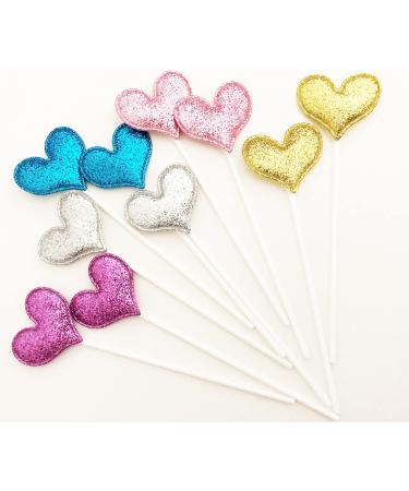 AILEXI Handmade 10 Matt Glitter Cake Toppers for Cakes Cup Cakes and Ice Cream - Multicolored Hearts Matt Multicolored Matt Hearts
