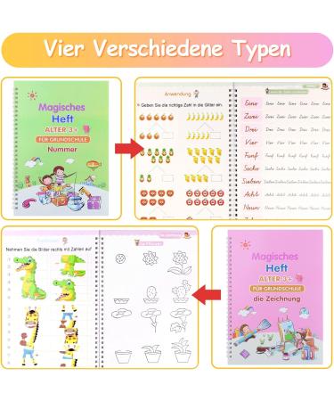 Qianshouyan 4-Piece German Magical Booklet Set | Reusable Handwriting Exercise Book with Pen for Kids | 26x18cm Calligraphy Numbers Drawing & Letters Learning - Buy Online on SooperMarket.com