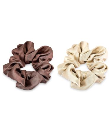 Navaris 2 Pack Large Silk Scrunchies for Hair - Beige/Brown - Elastic Ponytail Holder Set for Women and Girls - Buy Online on SooperMarket.com