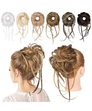 REECHO Messy Bun Hair Piece Super Long Tousled Updo Hair Bun Extensions Wavy Hair Wrap Ponytail Hair Scrunchies with Elastic Hair Band Hair Accessory for Women Girls - Brown with Blonde Highlights