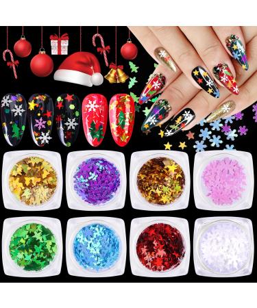 Ebanku 8 boxes Christmas nail art sequin snowflakes glitter holographic laser Christmas nail flakes Pillette Christmas tree nail decoration for diy Christmas nail face body decor