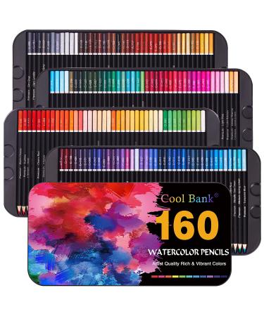 COOL BANK 160 Watercolor Pencils Watercolor Pencil Set for Coloring Books Artist Soft Series Lead with Vibrant Colors for Sketching Shading & Coloring in Tin Box 160 Count (Pack of 1)