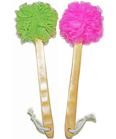 Shower Loofah Body & Back Scrubber - Exfoliating Loofah luffa loofa Bath Brush On a Stick - with Long Wooden Handle Back Brush for Men & Women - Easy Reach Body Wash & Lotion Applicator 2-Pack