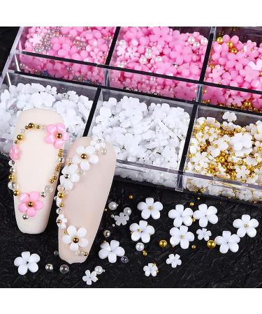 Baoximong 3D Flower Nail Art Charms - White Pink Gold Silver Pearls Rhinestones Spring Cherry Blossom Design - Buy Online on SooperMarket.com