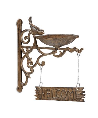 Relaxdays Cast Iron Hanging Bird Bath with WELCOME Sign Garden Decor Feeding Bowl Font for Wild Birds Brown