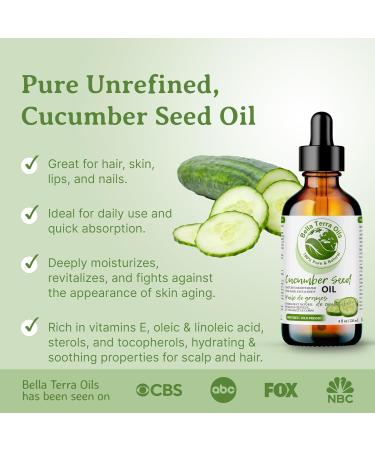 Cucumber Seed Oil. 120ml. 100% Pure. Cold-pressed. Unrefined. Organic. Carrier Base Oil. Chemical-free. Promotes Skin Hydration. Lightweight. Natural Moisturizer for Hair Skin Nails Stretch Marks. Bella Terra Oils. 120 ml (Pack of 1) - Buy Online on SooperMarket.com